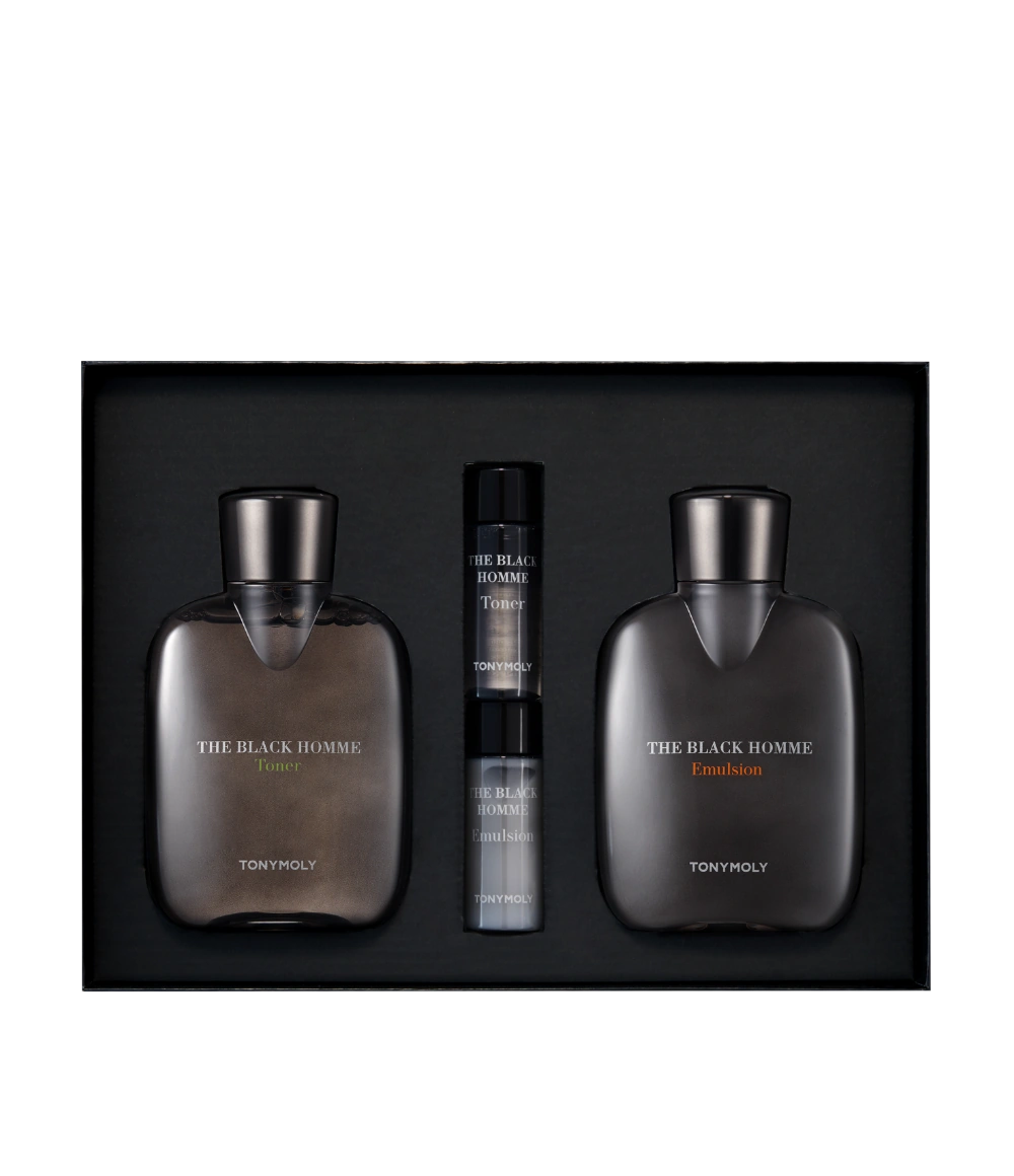 TONYMOLY The Black Homme 2 Pieces Set : coffret noir avec flacons et spray, sur fond sombre, pack homme.