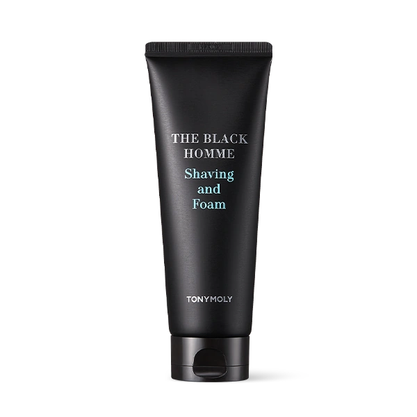 Décris l'image en français : TONYMOLY The Black Homme Shaving & Foam 150g, tube noir sur fond clair