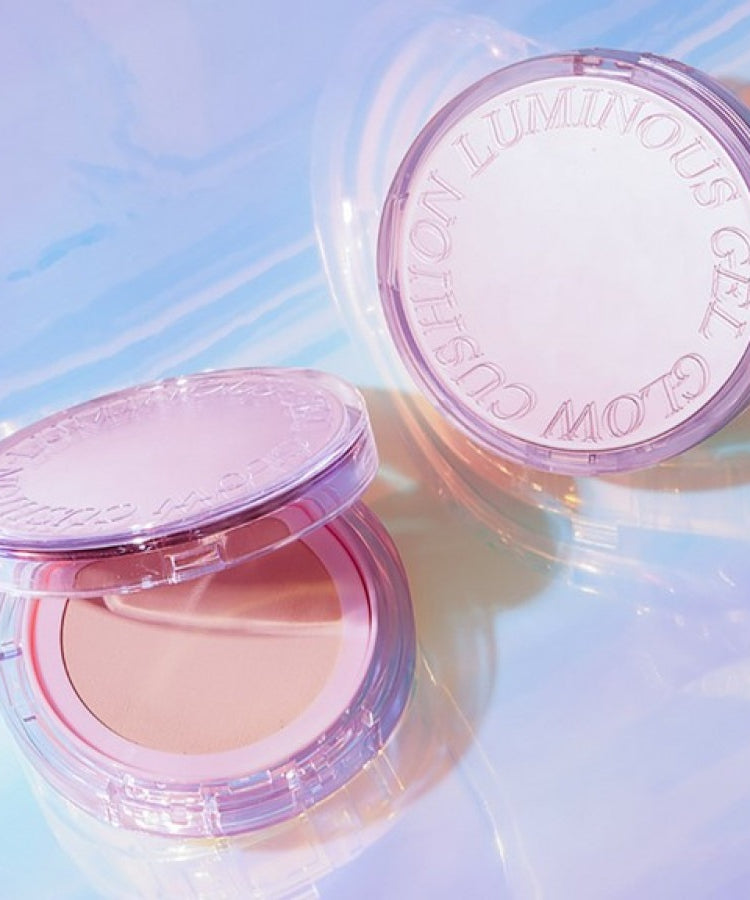 TONY MOLY My Luminouse Gel Glow Cushion 15g ouvert et fermé sur un fond pastel élégant