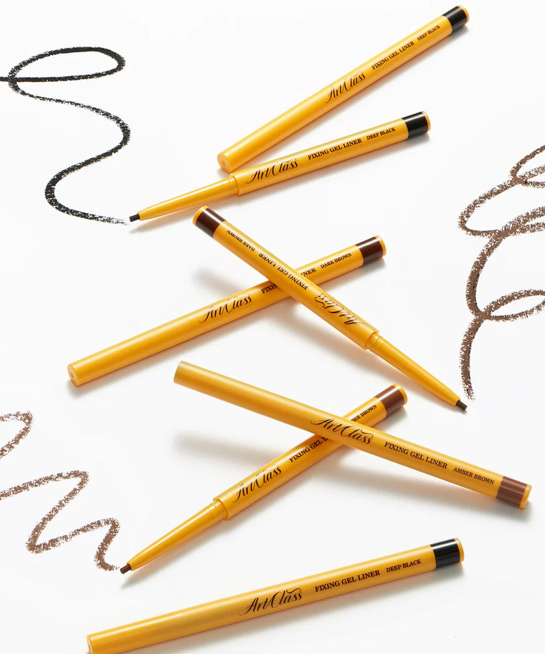 Crayons TOO COOL FOR SCHOOL Fixing gel liner en noir et marron avec traits dessinés, parfaits pour un maquillage longue tenue.
