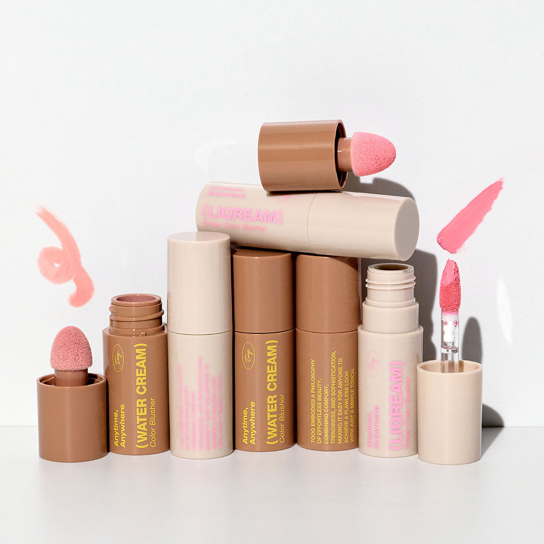 TOOQ Water Cream & Likurim Watercolor Blusher 5.5g de la marque TOOQ, flacon sur fond clair avec maquillage rose