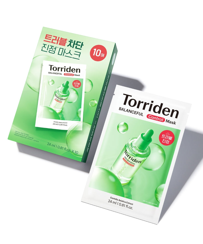 TORRIDEN Balanced Cica Control Mask 24ml x 10 sheets, masques Cica de la marque Torriden, sachets verts sur fond blanc.