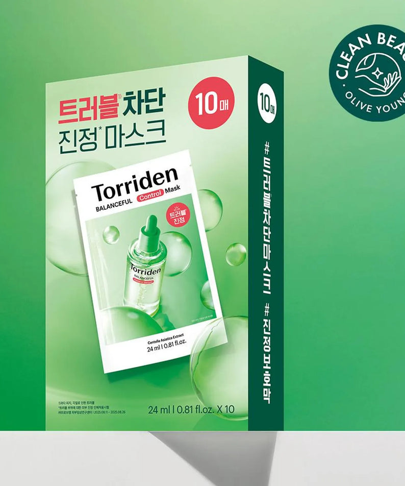 TORRIDEN Balanced Cica Control Mask 24ml x 10 sheets de la marque Torriden : masque en sachets sur fond vert.