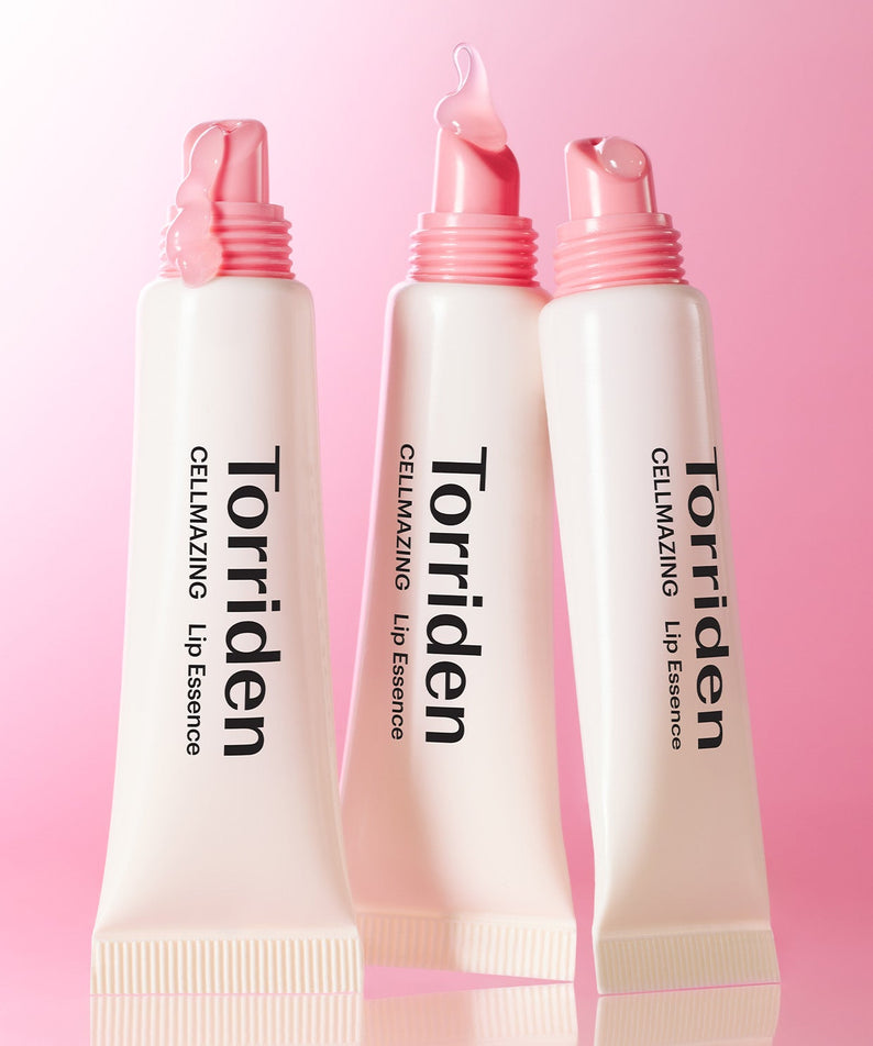 TORRIDEN Cellmazing Low Molecular Collagen Volume Lip Essence 11ml, tubes rose sur fond rose, marque TORRIDEN, contexte cosmétique