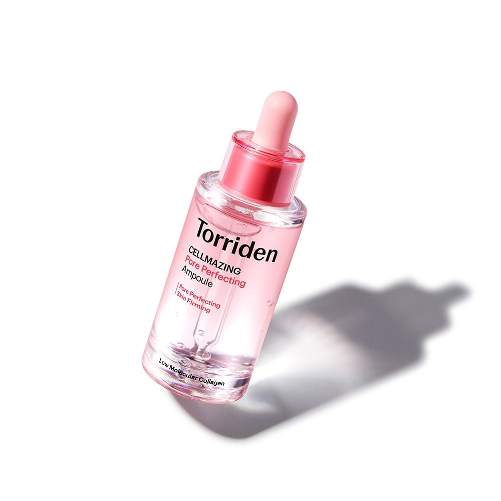 TORRIDEN Cellmazing Pore Perfecting Ampoule 30ml de la marque Torriden, flacon rose sur fond blanc, ombre nette.