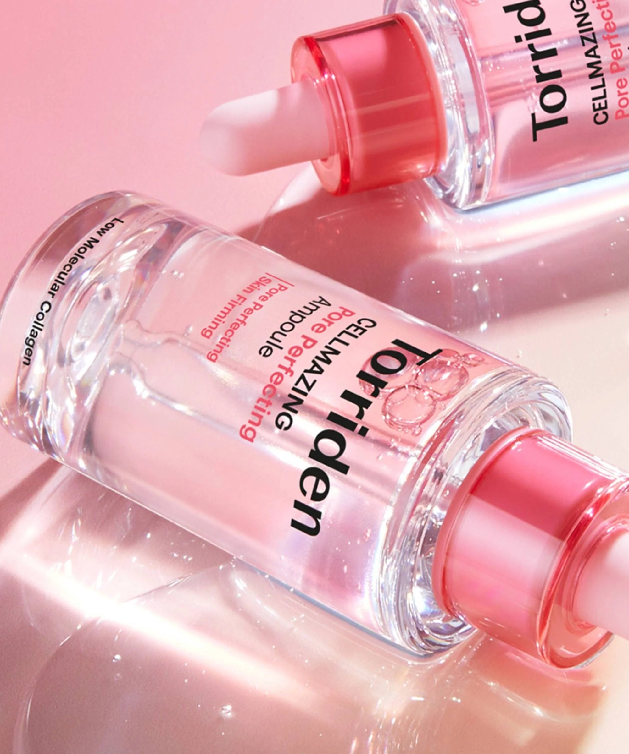 TORRIDEN Cellmazing Pore Perfecting Ampoule 30ml en gros plan, flacon élégant et lumineux sur fond rose, soin visage performant.