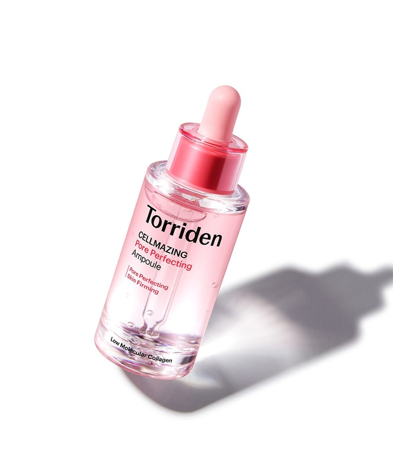 Flacon de 30ml de TORRIDEN Cellmazing Pore Perfecting Ampoule, produit soin pour rétrécir les pores, avec pipette rose.