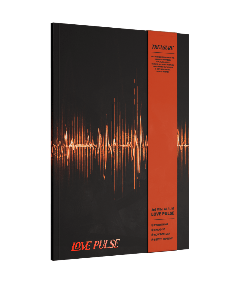 TREASURE - 3rd MINI ALBUM [LOVE PULSE] (ROCKCHIC VER.) - Album Kpop, visuel couverture noire et orange du groupe