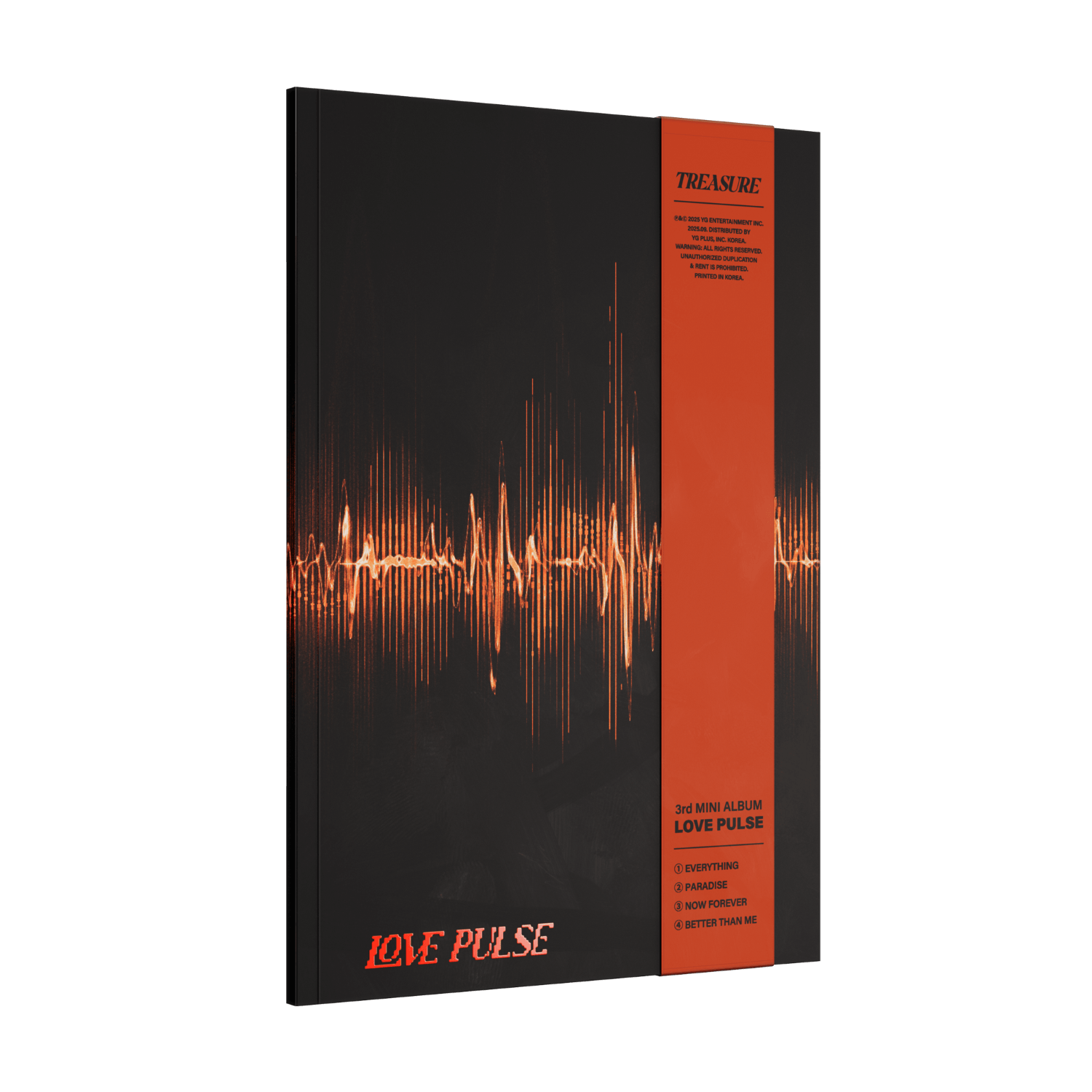 TREASURE - 3rd MINI ALBUM [LOVE PULSE] (ROCKCHIC VER.) - Album Kpop, visuel couverture noire et orange du groupe