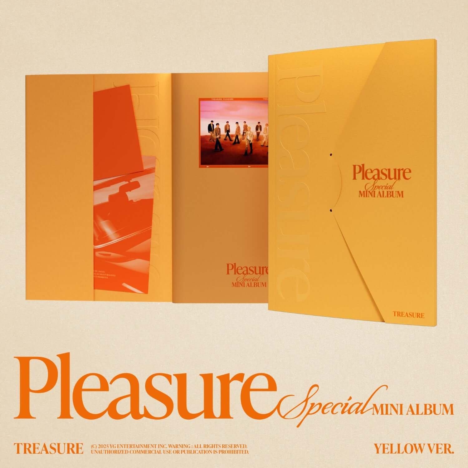TREASURE - SPECIAL MINI ALBUM [PLEASURE] [YELLOW VER.] - Album Kpop jaune, pochette ouverte, visuel Pleasure mini album