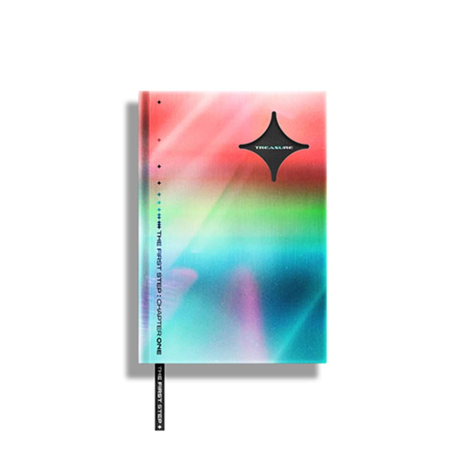 TREASURE - [THE FIRST STEP : CHAPTER ONE] (BLACK VER.) - Album Kpop, couverture dégradé multicolore avec logo noir, visuel stylisé.