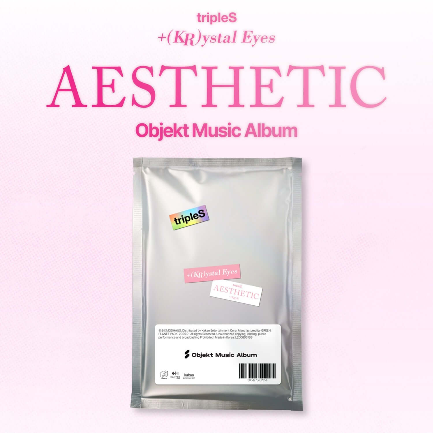 TRIPLES - [+(KR)ystal Eyes (AESTHETIC)] (Objekt Music Album) - Album Kpop, pochette argentée sur fond rose pastel
