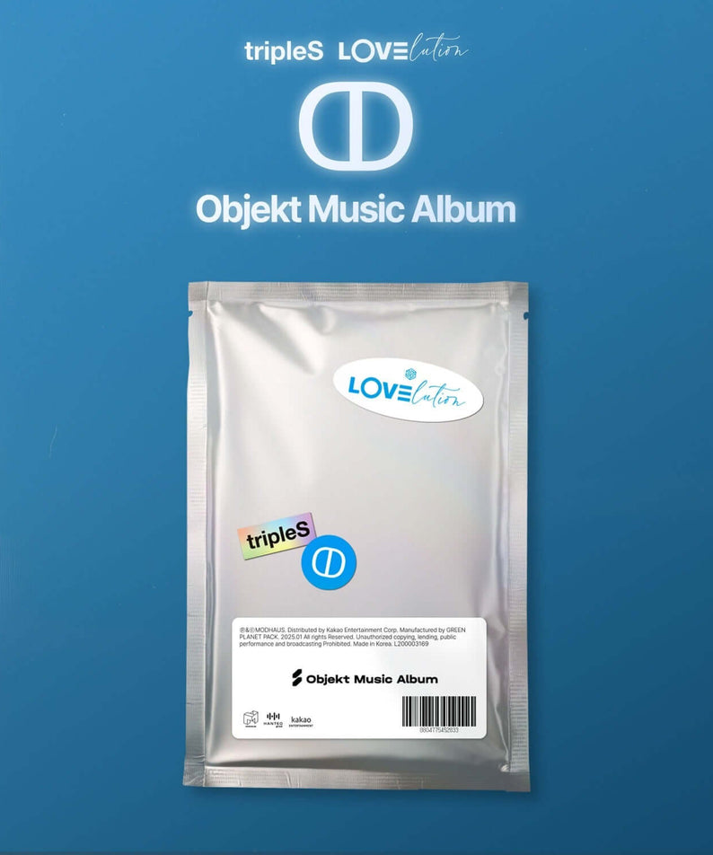 TRIPLES - [LOVElution <ↀ>] (Objekt Music Album) - Album Kpop, pochette argent sur fond bleu, objet musical TRIPLES