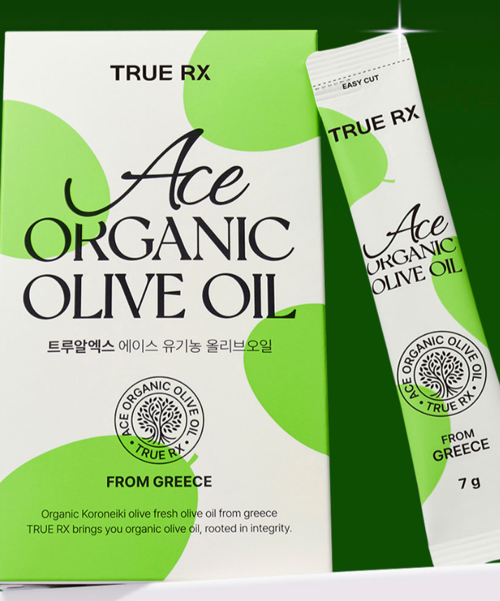 TRUE RX Ace Organic Live Oil, packaging vert et blanc en vue produit, marque TRUE RX sur fond vert, huile d’olive