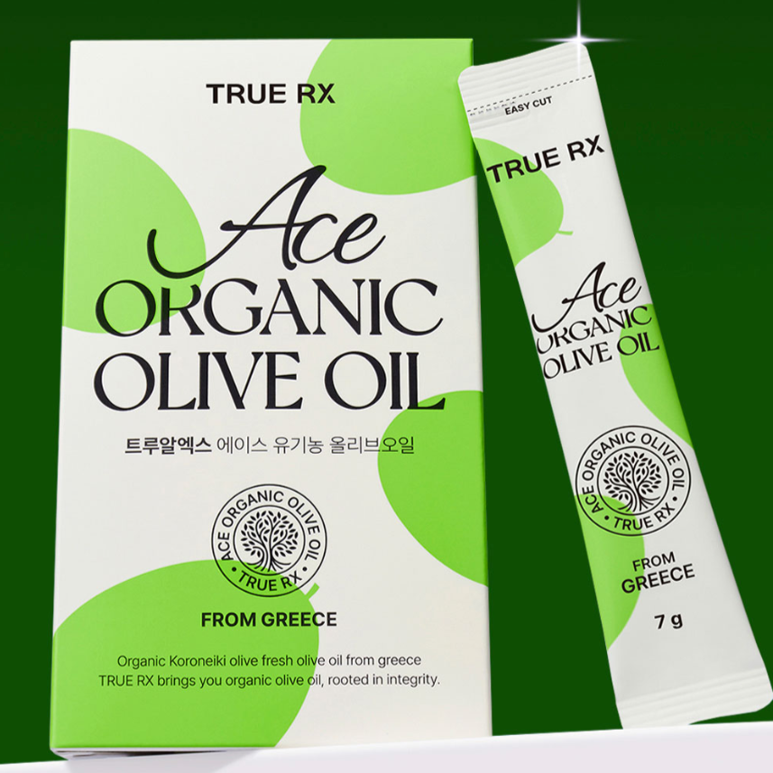 TRUE RX Ace Organic Live Oil, packaging vert et blanc en vue produit, marque TRUE RX sur fond vert, huile d’olive