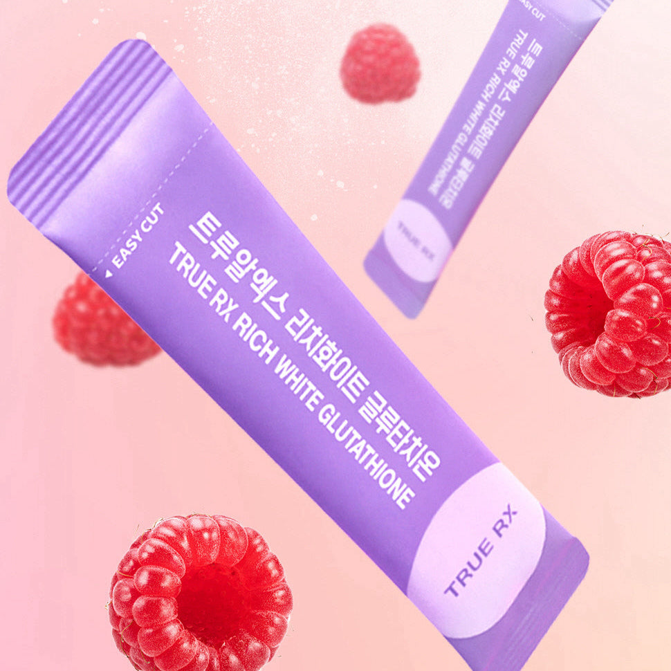 TRUE RX Rich White Glutathione 10 packs de la marque TRUE RX, visuel avec framboises et fond rose