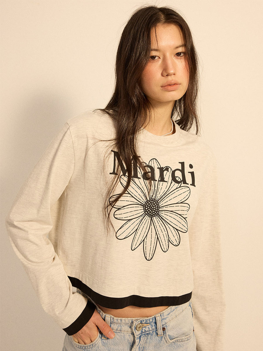 TSHIRT LONG SLEEVE FLOWERMARDI LAYERED DETAIL_OATMEAL BLACK