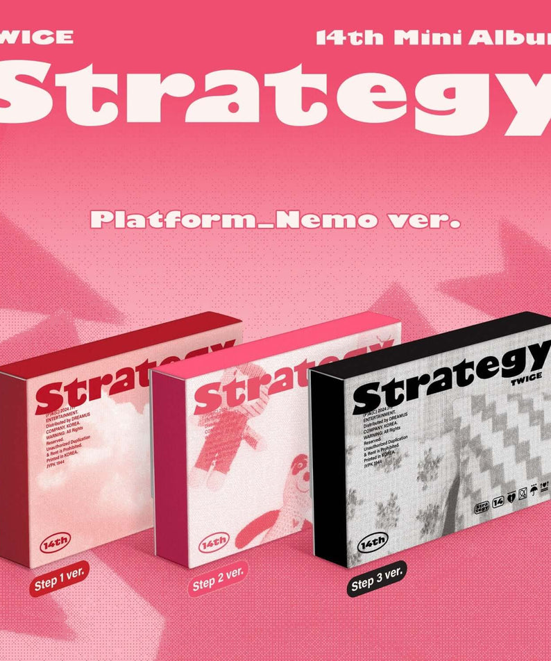 TWICE - 14th Mini Album [STRATEGY] (Platform_Nemo ver) (Random 1 of 3) - Album Kpop, coffrets roses et rouges sur fond visuel