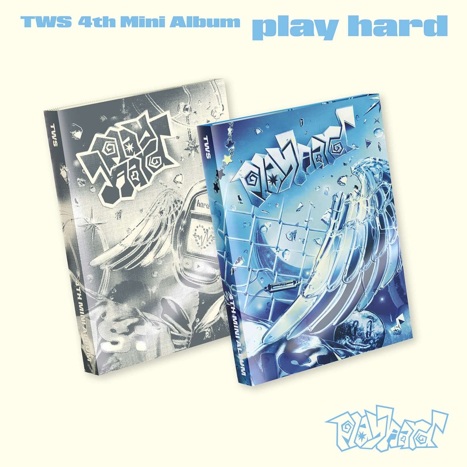 TWS - 4th Mini Album [play hard] (Random 1 of 2) - Album Kpop, couverture bleue et noire, TWS, visuel promo.