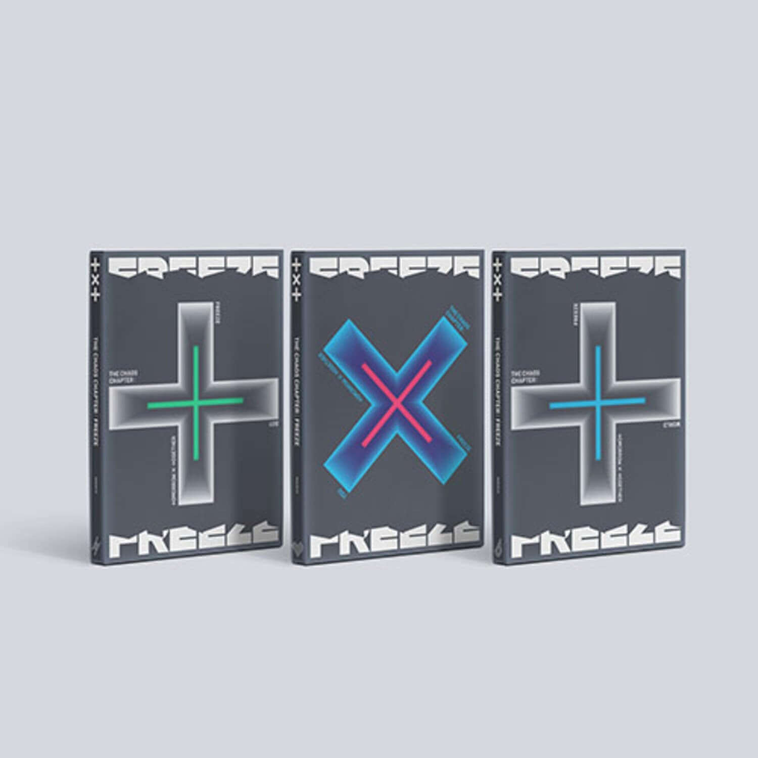 TXT - [ : FREEZE] (3) - Album Kpop : jaquettes bleu et gris sur fond clair, trio de versions, ambiance pop K‑drama.