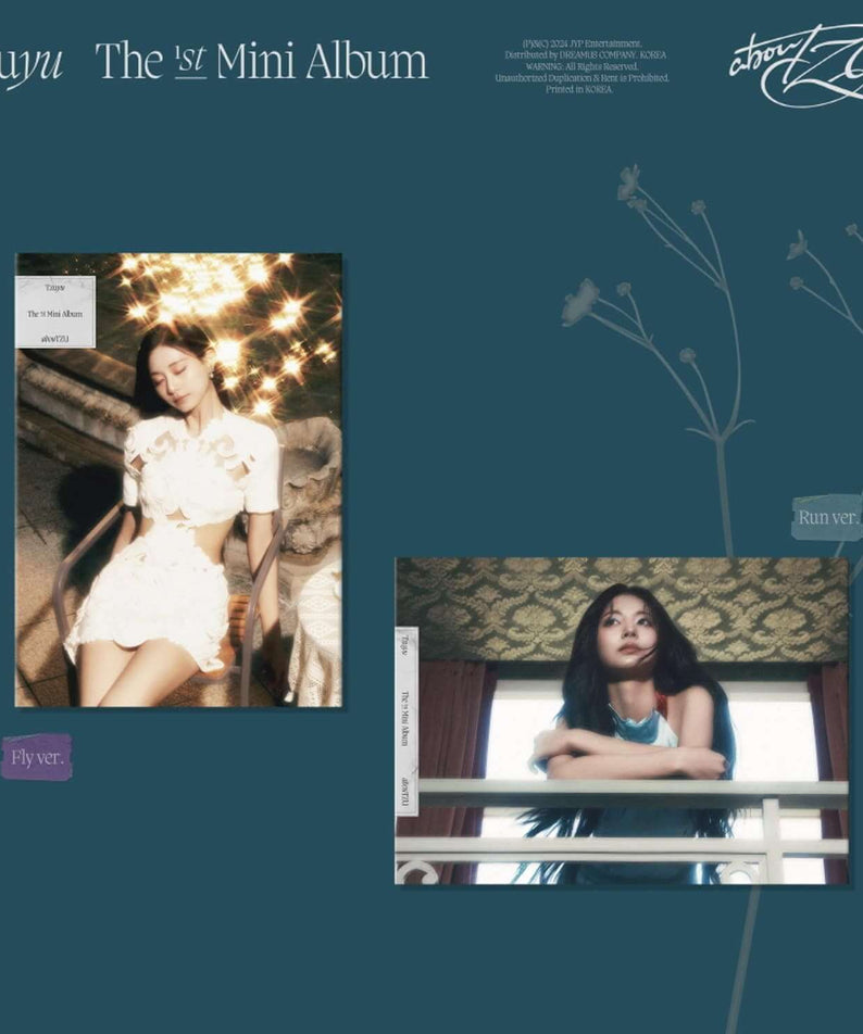 TZUYU - 1st Album [abouTZU] (Run ver. / Fly ver.) (Random) - Album Kpop, visuel album avec photos Run/Fly sur fond bleu