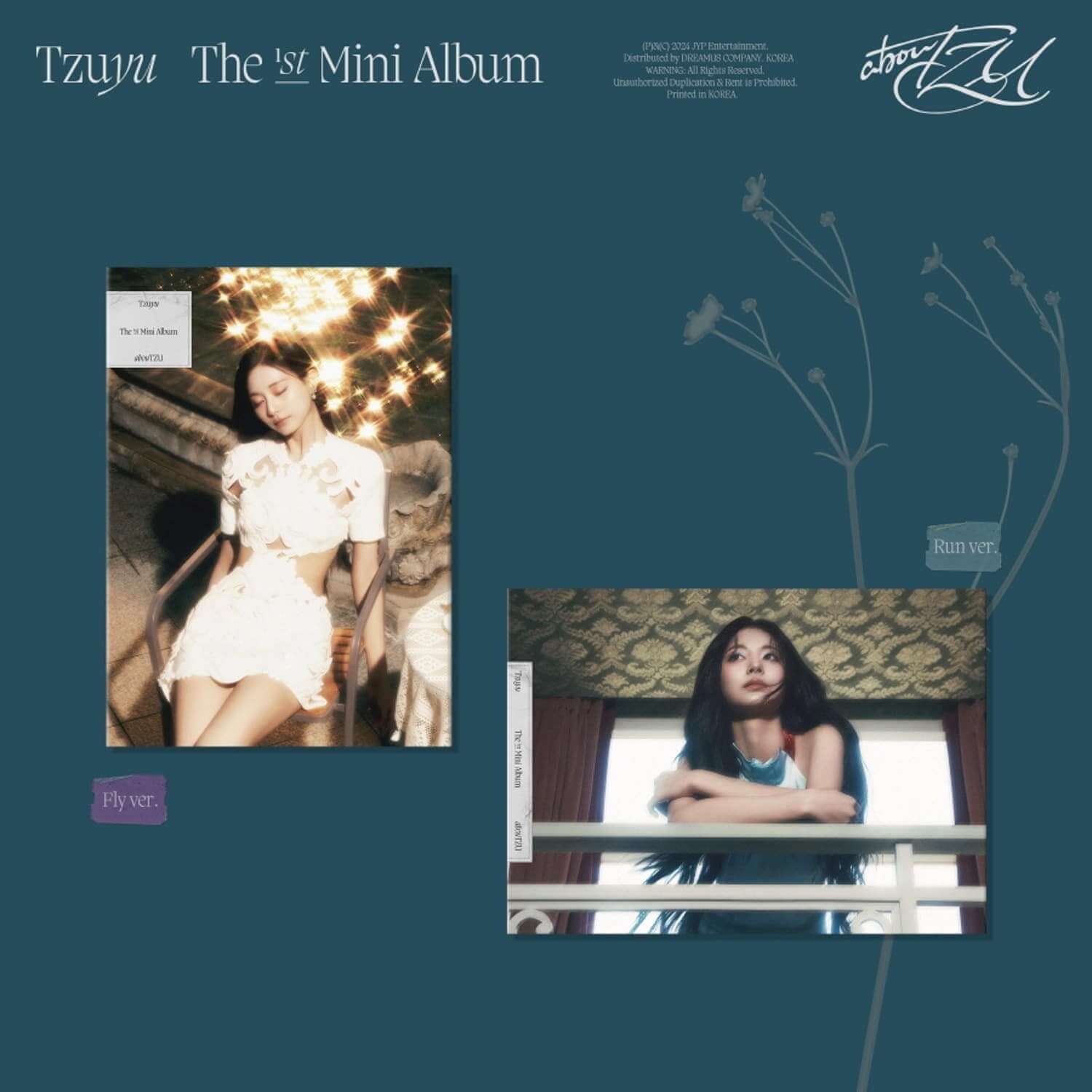 TZUYU - 1st Album [abouTZU] (Run ver. / Fly ver.) (Random) - Album Kpop, visuel album avec photos Run/Fly sur fond bleu