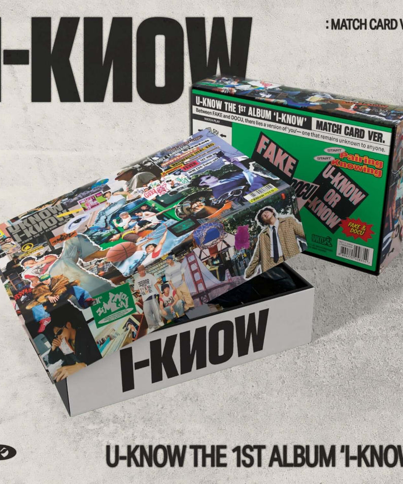 U-KNOW YUNHO - 1st Album [I-KNOW] (Match Card Ver.)(Smart Album) - Album Kpop : photo coffret + cartes, fond gris béton.