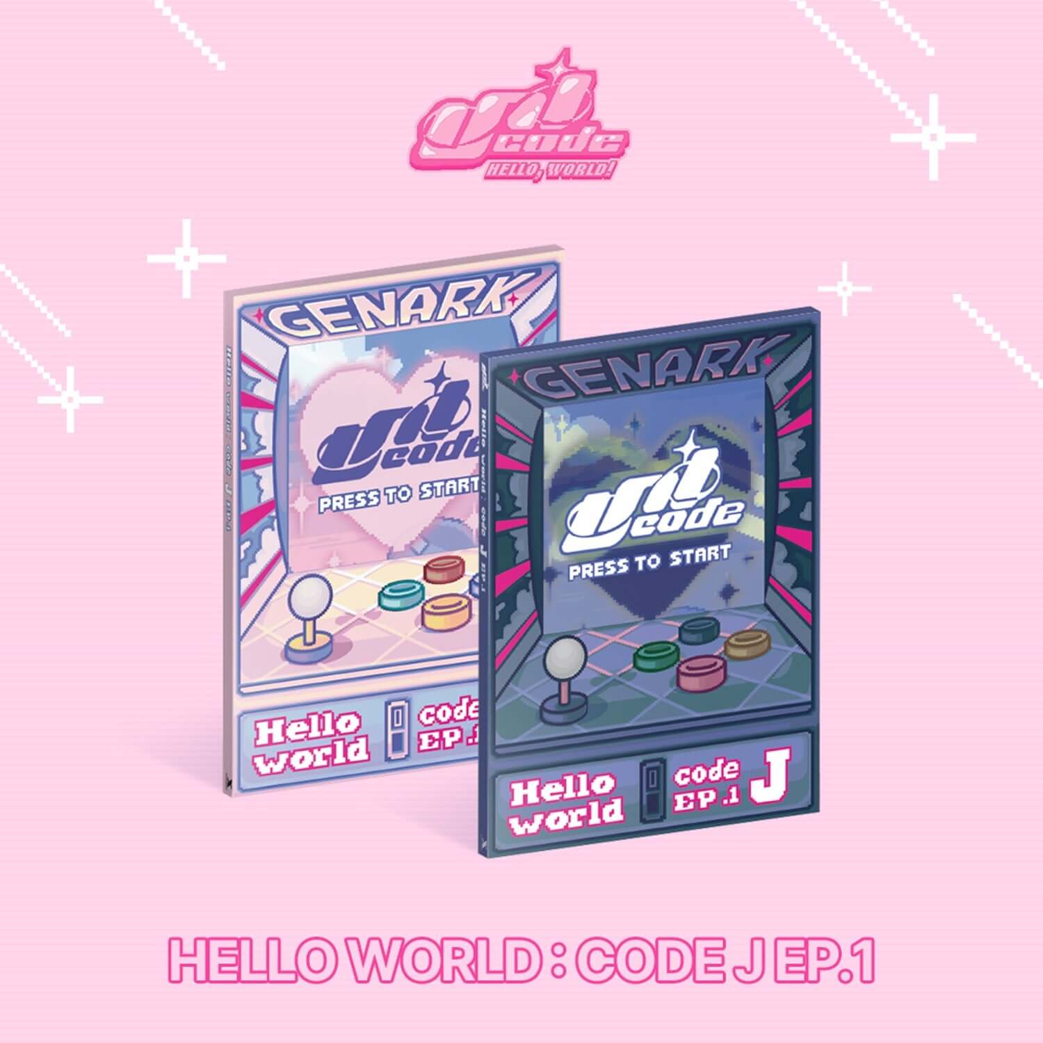 UNICODE - [HELLO WORLD : CODE J EP.1] (Type A / Type B) (Random) - Album Kpop, boîtiers Genarok Hello World sur fond rose.