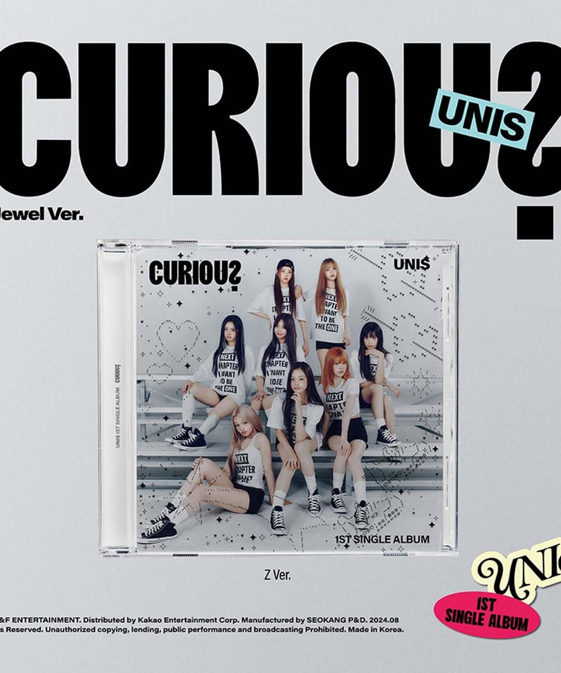 UNIS - 1st Album [CURIOUS] (Jewel Ver.) - Album Kpop : pochette UNIS “CURIOUS?” avec groupe, fond stylisé noir/bleu.