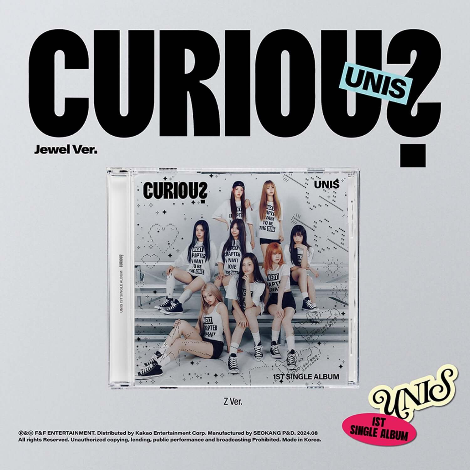 UNIS - 1st Album [CURIOUS] (Jewel Ver.) - Album Kpop : pochette UNIS “CURIOUS?” avec groupe, fond stylisé noir/bleu.