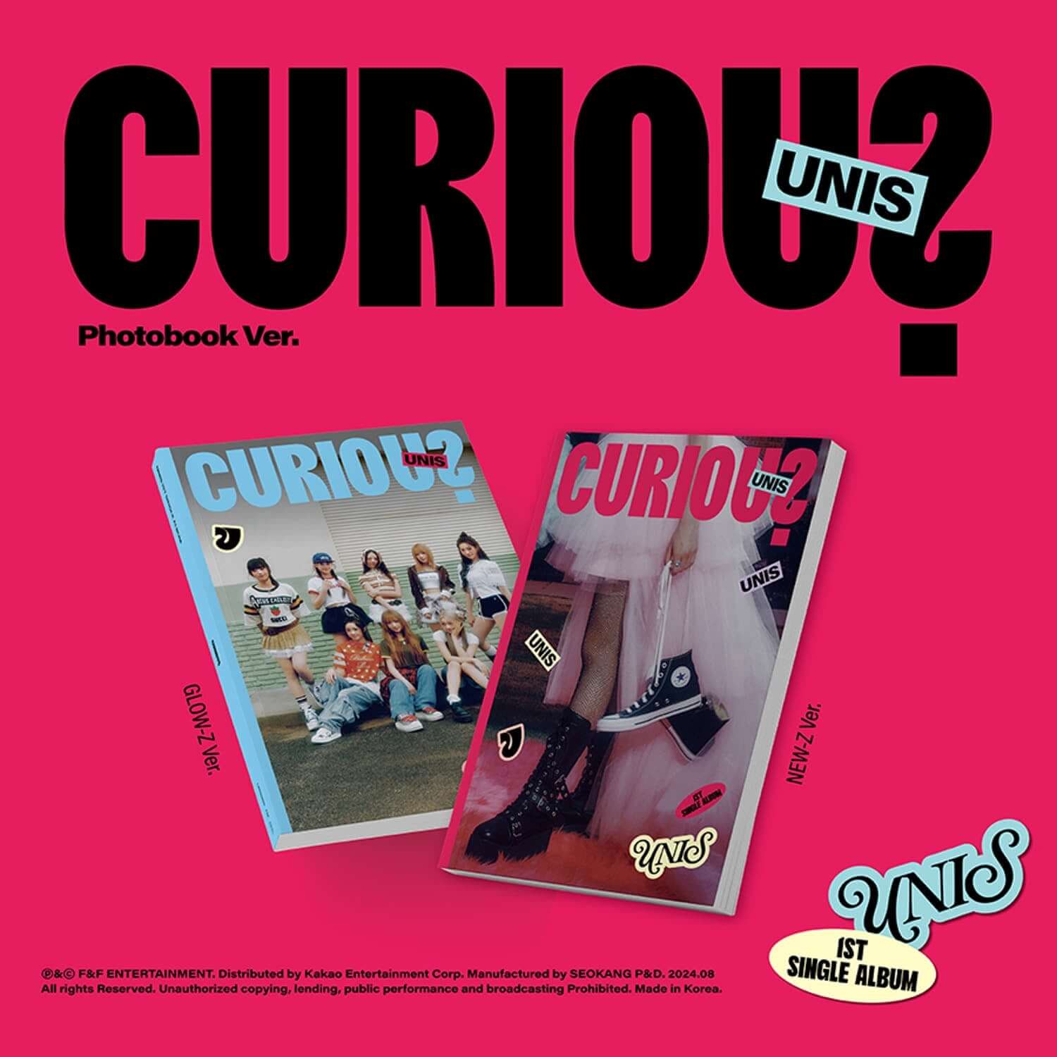 UNIS - 1st Album [CURIOUS] (Photobook Ver.) (Random) - Album Kpop : photobook « CURIOUS » sur fond rose, visuels UNIS