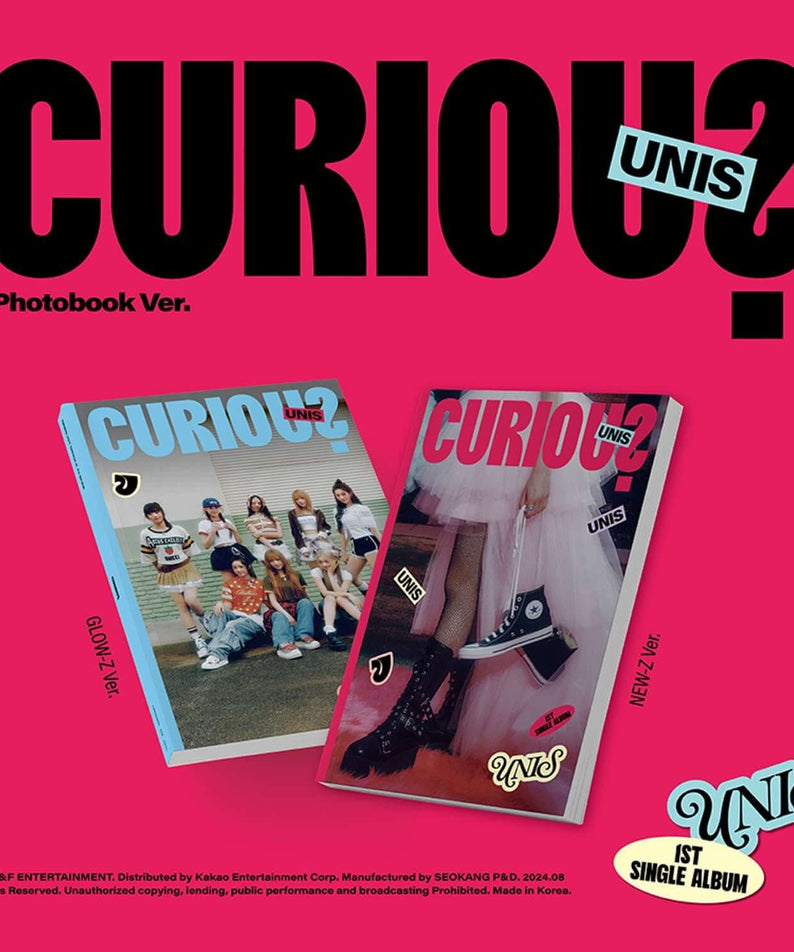 UNIS - 1st Album [CURIOUS] (Photobook Ver.) (Set) - Album Kpop, coffret photo sur fond rose avec couvertures UNIS