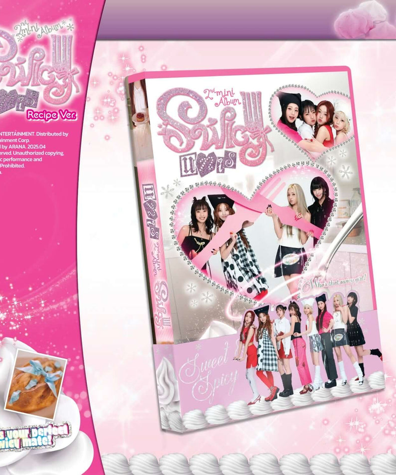 UNIS - 2nd Album [SWICY] (Recipe Ver.) - Album Kpop : pochette UNIS rose violette, visuel Kpop, décor étoiles et paillettes.