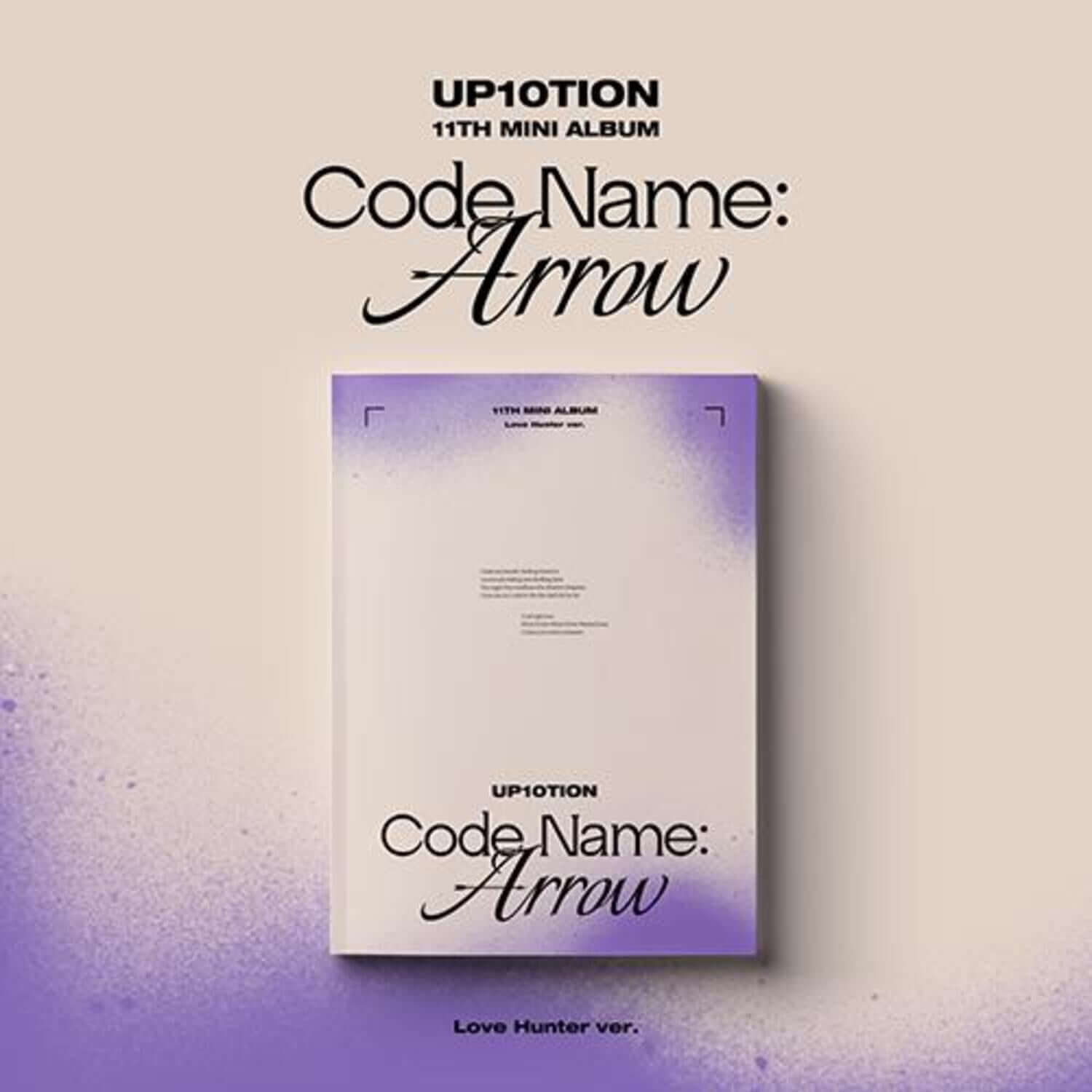 UP10TION - 11th [Code Name: Arrow] (Love Hunter ver.) - Album Kpop, pochette violette, arrière-plan flou, visuel promo.