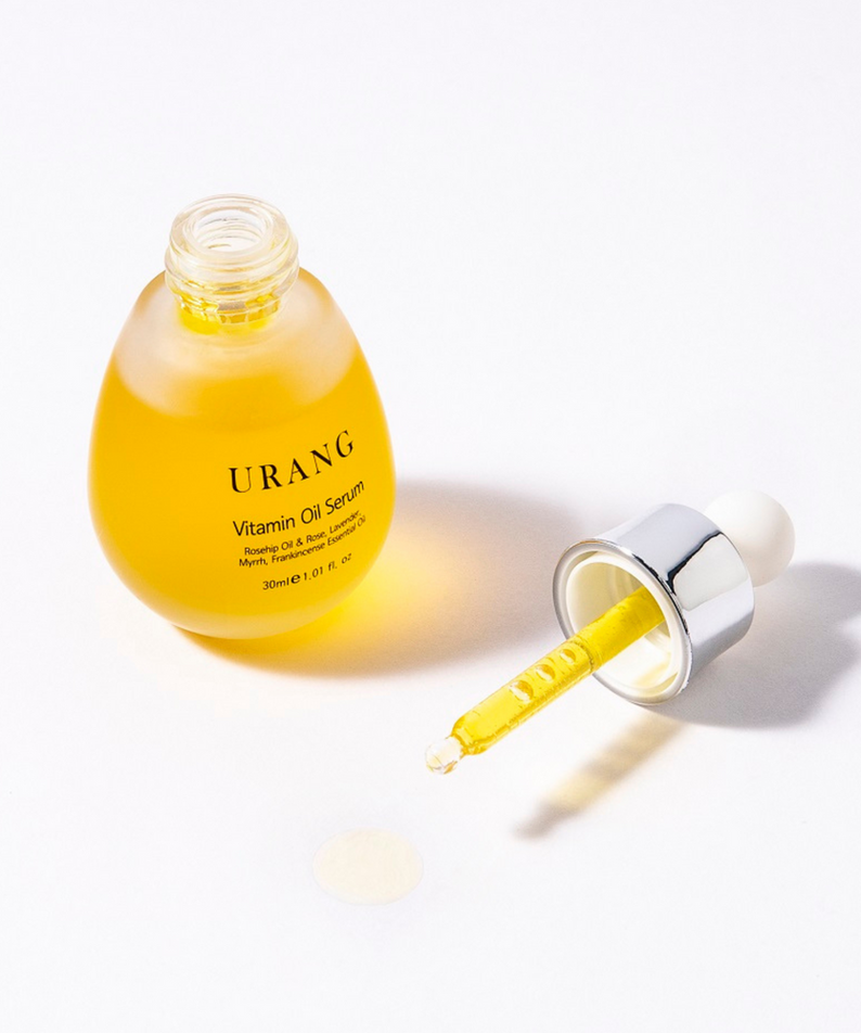 Sérum huile vitaminé URANG Vitamin Oil Serum 30ml, flacon ouvert avec pipette
