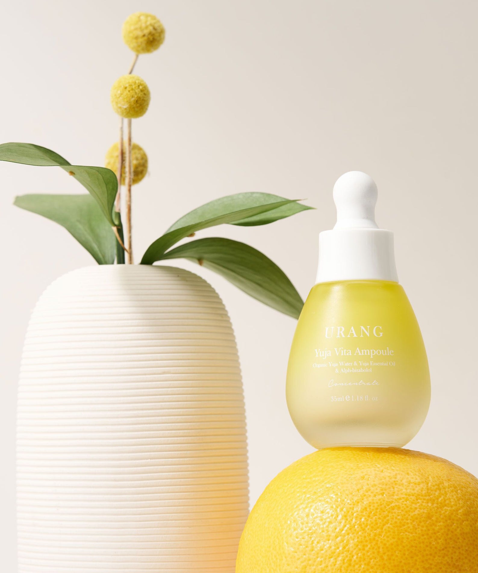 URANG Yuja Vita Ampoule sur agrume avec plante décorative, soin visage éclaircissant en flacon compte-gouttes élégamment posé.