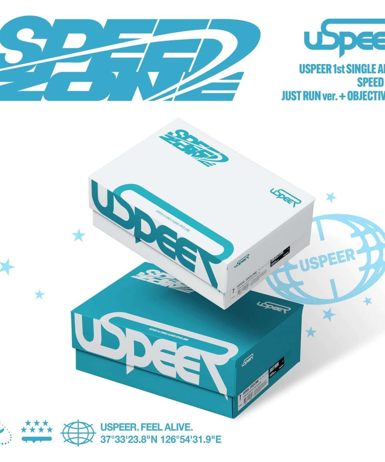 USPEER - 1st SINGLE ALBUM [SPEED ZONE] (OBJECTIFY/JUST RUN ver.) (Random 1 of 2) - album Kpop, boîte, visuel bleu et blanc