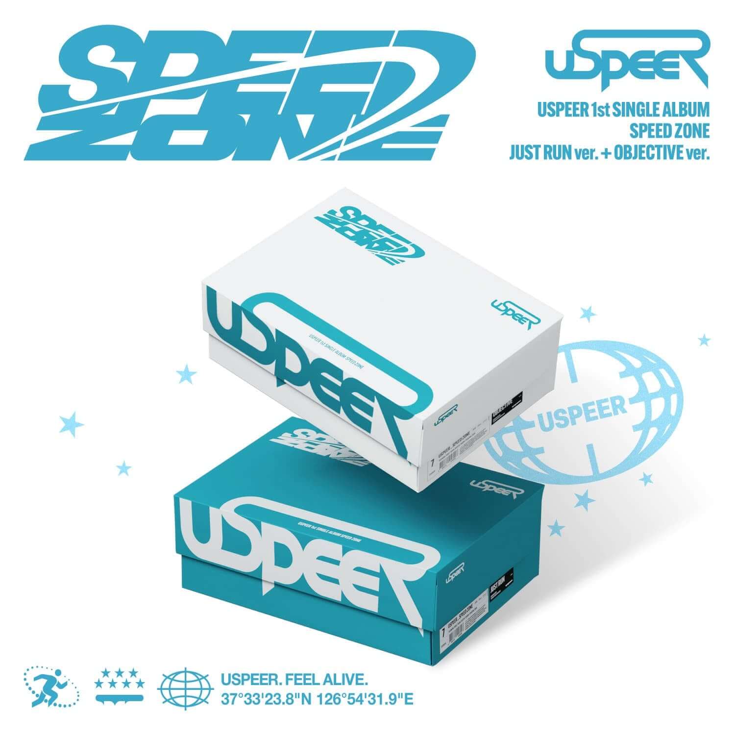 USPEER - 1st SINGLE ALBUM [SPEED ZONE] (OBJECTIFY/JUST RUN ver.) (Random 1 of 2) - album Kpop, boîte, visuel bleu et blanc