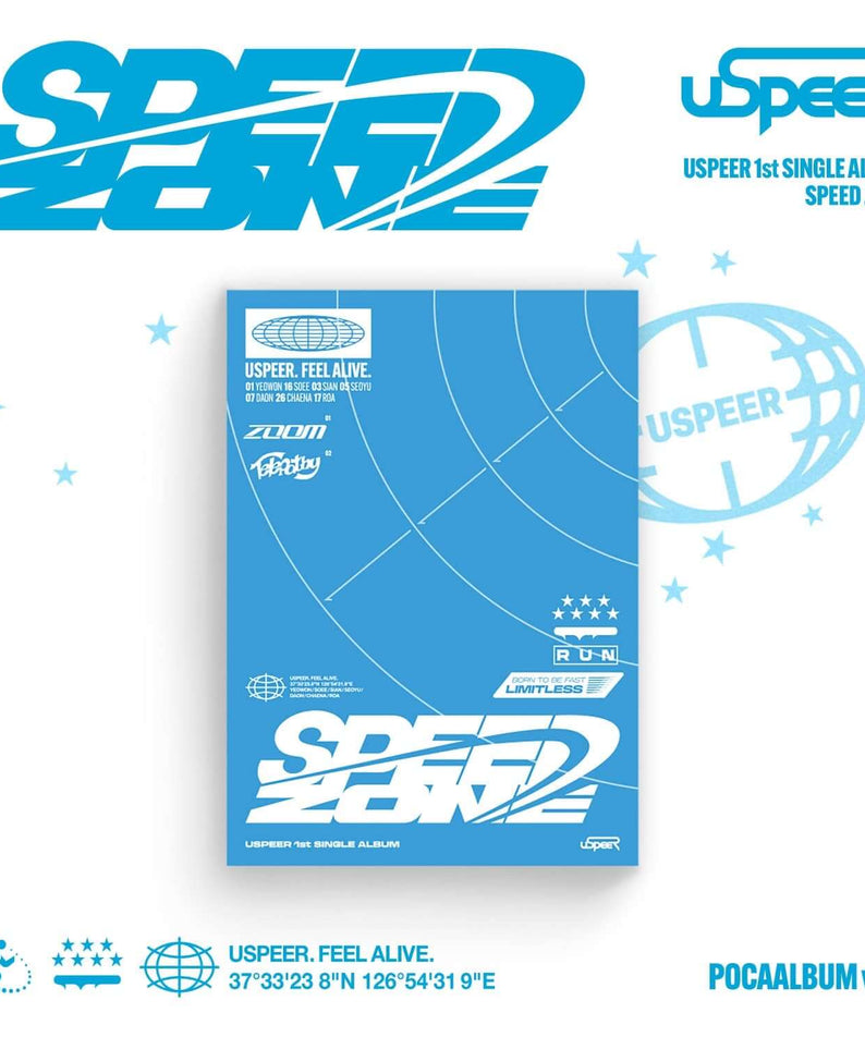 USPEER - 1st SINGLE ALBUM [SPEED ZONE] (POCA ALBUM ver.) - Album Kpop, pochette bleue avec visuel SPEED ZONE