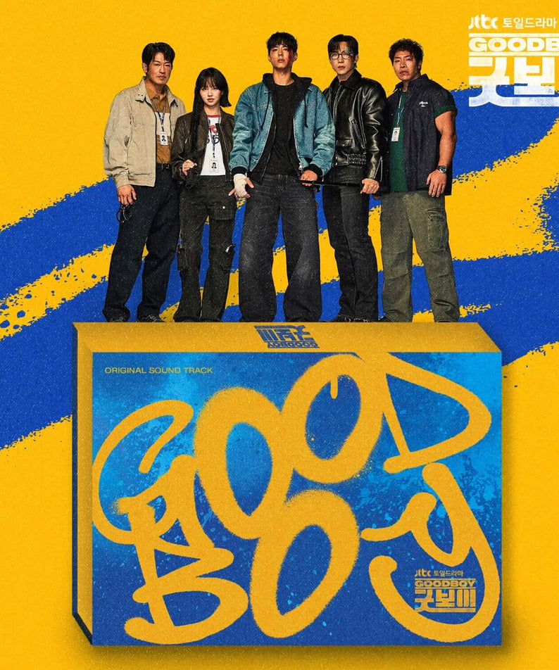V.A - [ OST] - Album Kpop, visuel du coffret et des artistes sur fond jaune/bleu JTBC GOODBOY, idéal fan de V.A