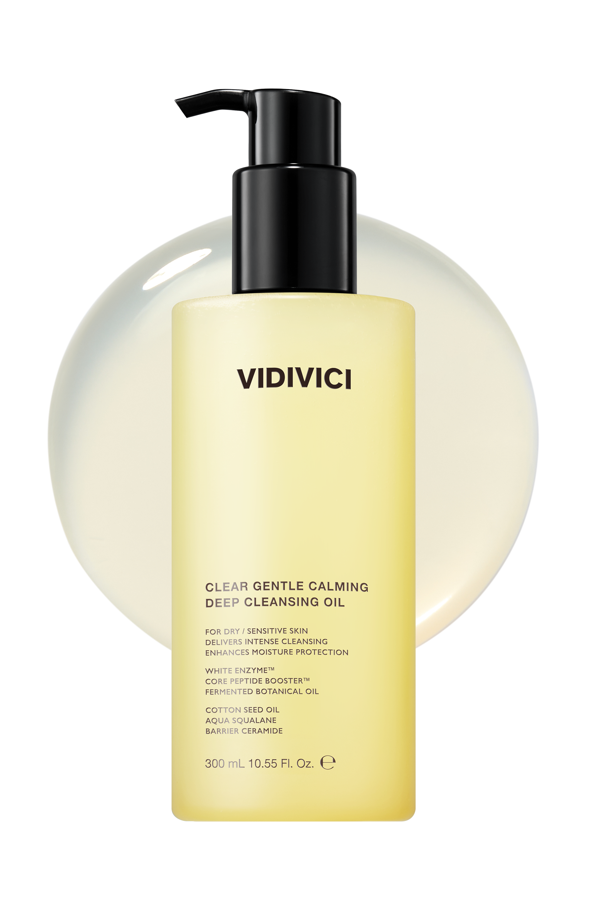 VIDIVICI Clear Gentle Calming Deep Oil 300ml, flacon pompe noir sur fond blanc, huile calmante de la marque VIDIVICI