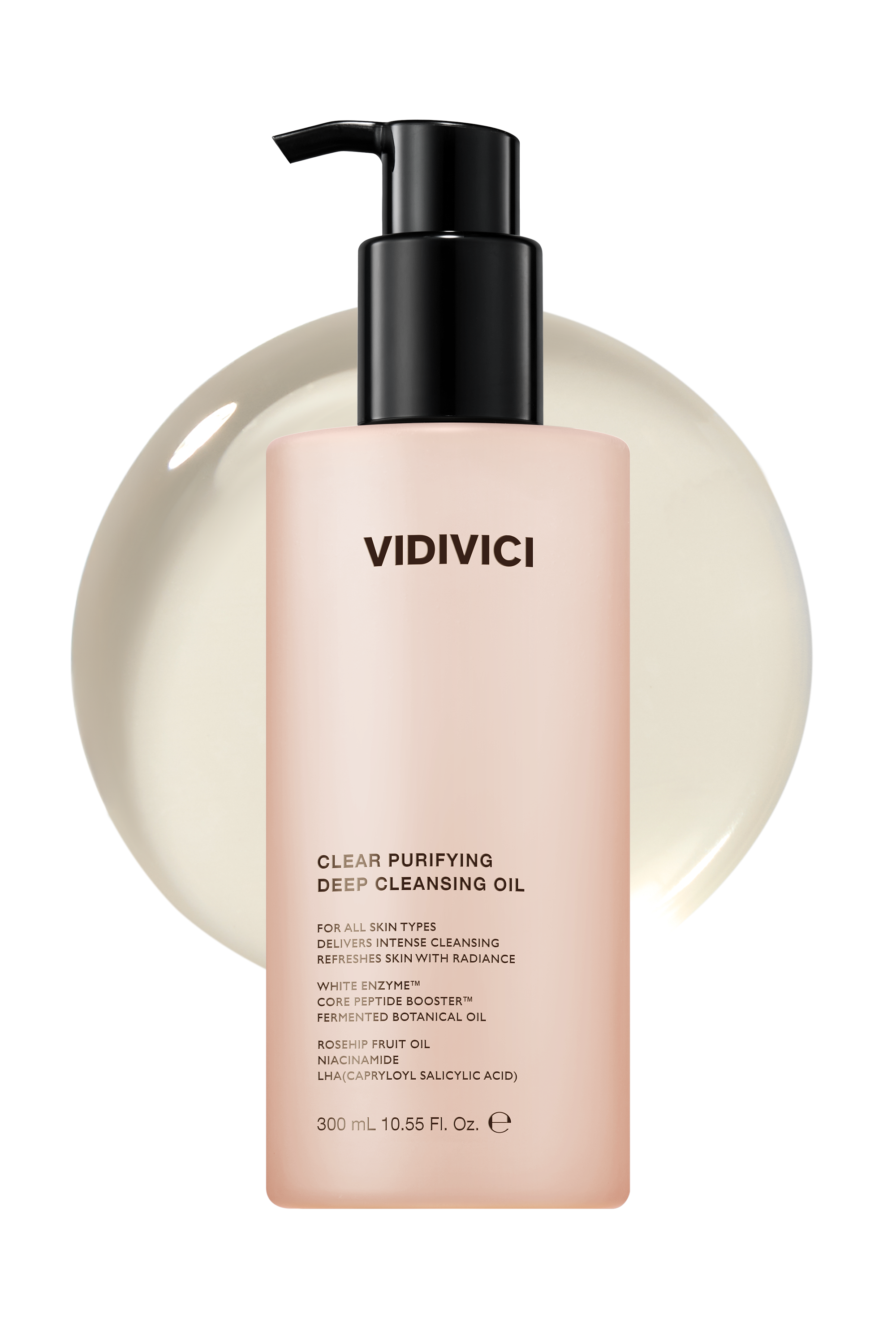 VIDIVICI Clear Pureifying Deep Cleansing Oil 300ml, flacon pompe noir sur fond blanc, huile démaquillante purifiante.