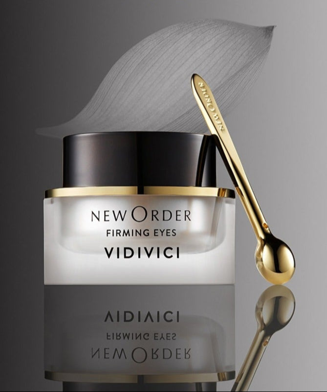 Pot de crème VIDIVICI New Order Firming Eyes 15ml avec applicateur doré, raffermissant pour le contour des yeux.