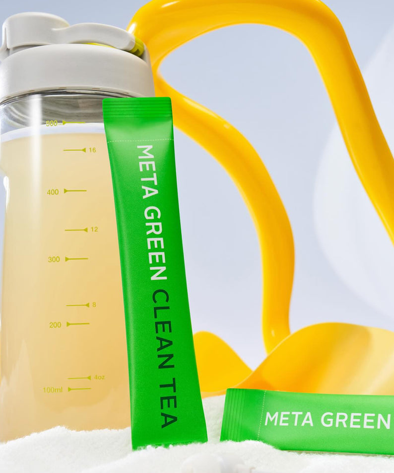 VITAL BEAUTIE Meta Green Clean Tea 10 Packets, sachets verts sur fond clair, tasse et cuillère, visuel produit marque
