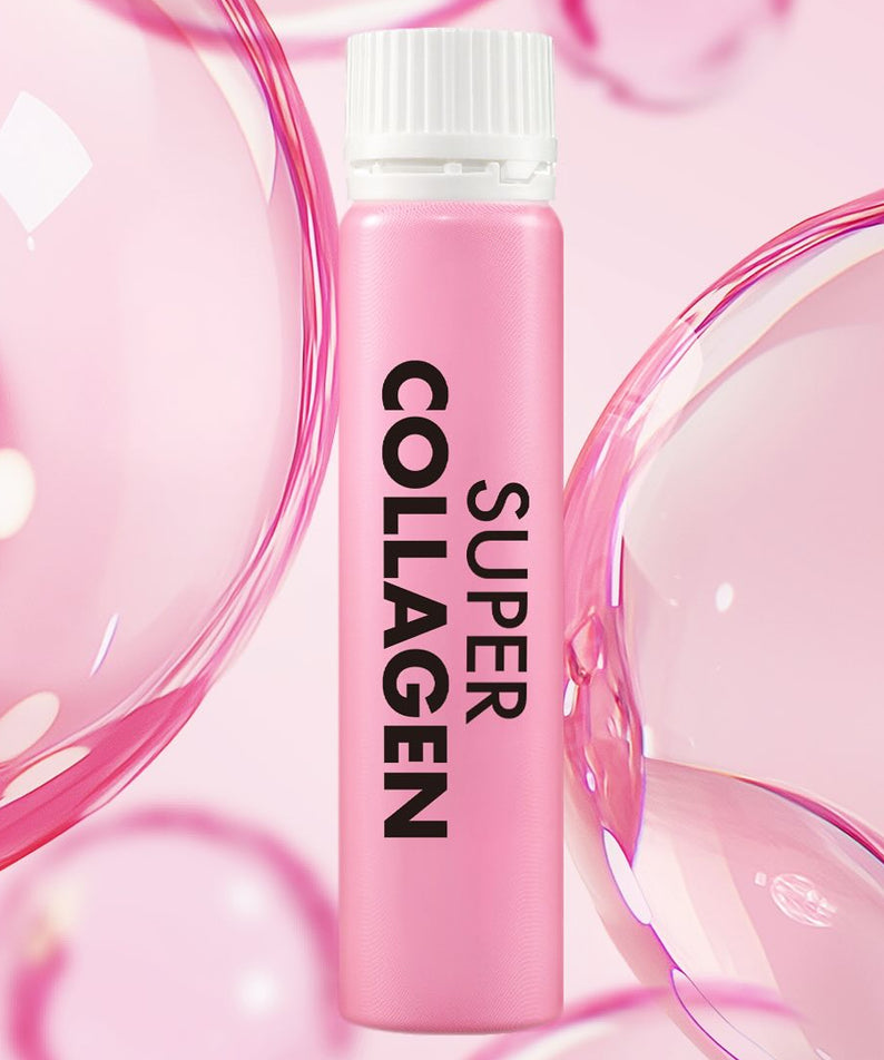 VITAL BEAUTIE Super Collagen 28 Tablets, flacon rose de la marque, sur fond rose avec bulles et rubans.