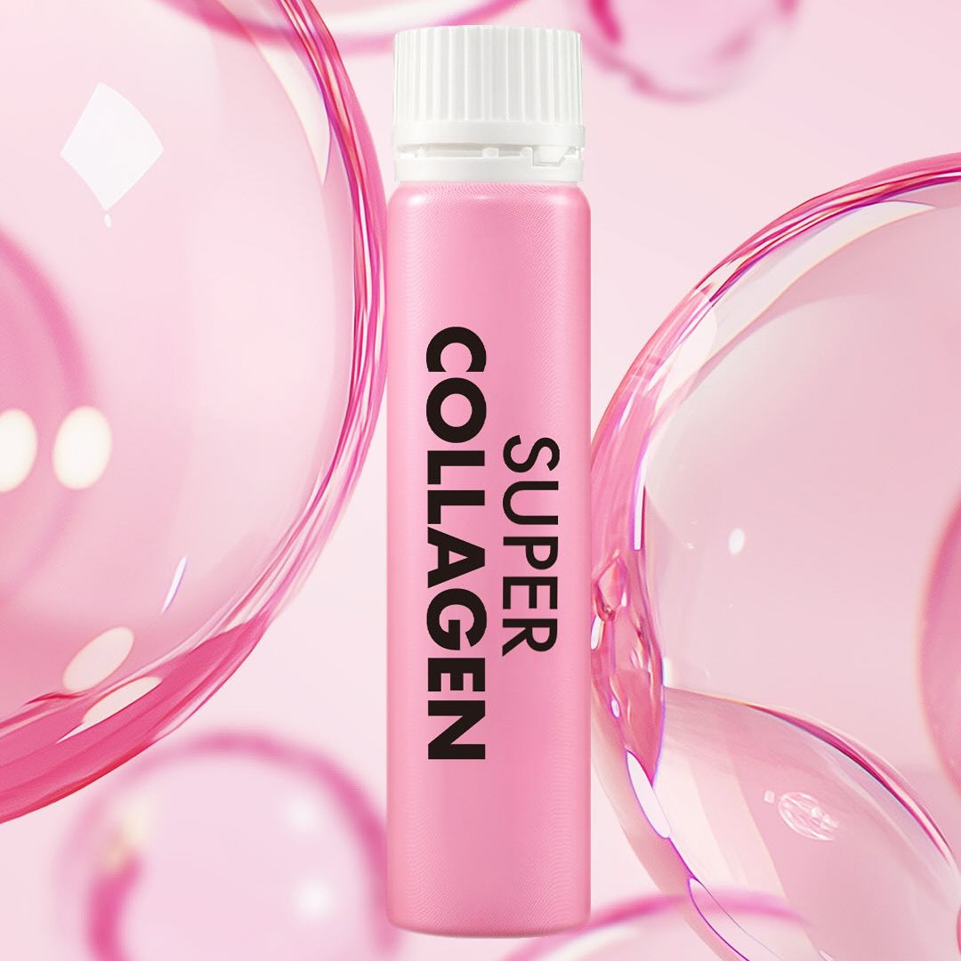 VITAL BEAUTIE Super Collagen 28 Tablets, flacon rose de la marque, sur fond rose avec bulles et rubans.