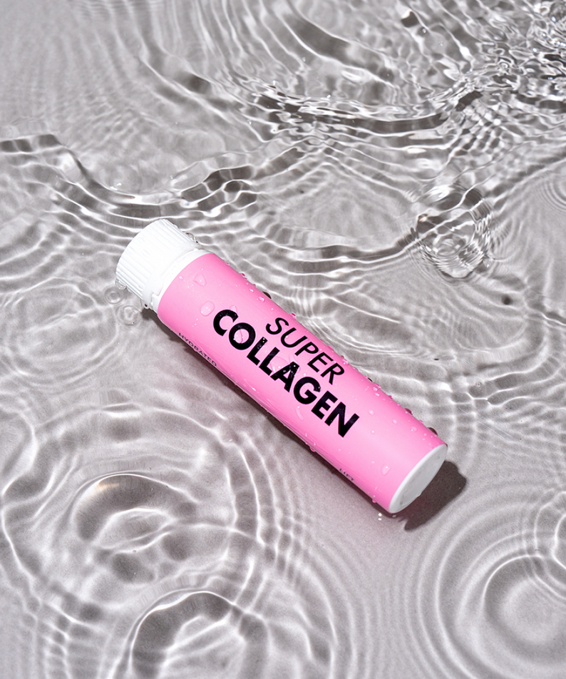 VITAL BEAUTIE Super Collagen 28 Tablets, tube rose sur tissu, décor eau et bulles, marque visible
