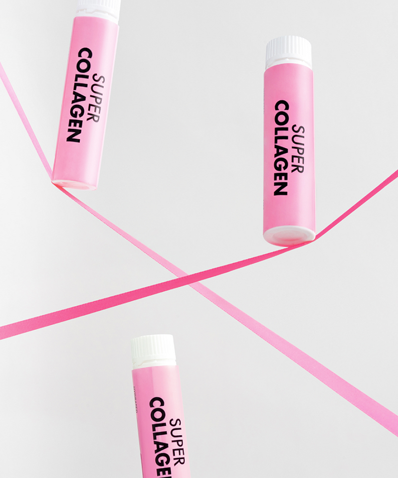 VITAL BEAUTIE Super Collagen 28 Tablets, tubes roses sur fond blanc avec lignes fuchsia, contexte produit de marque