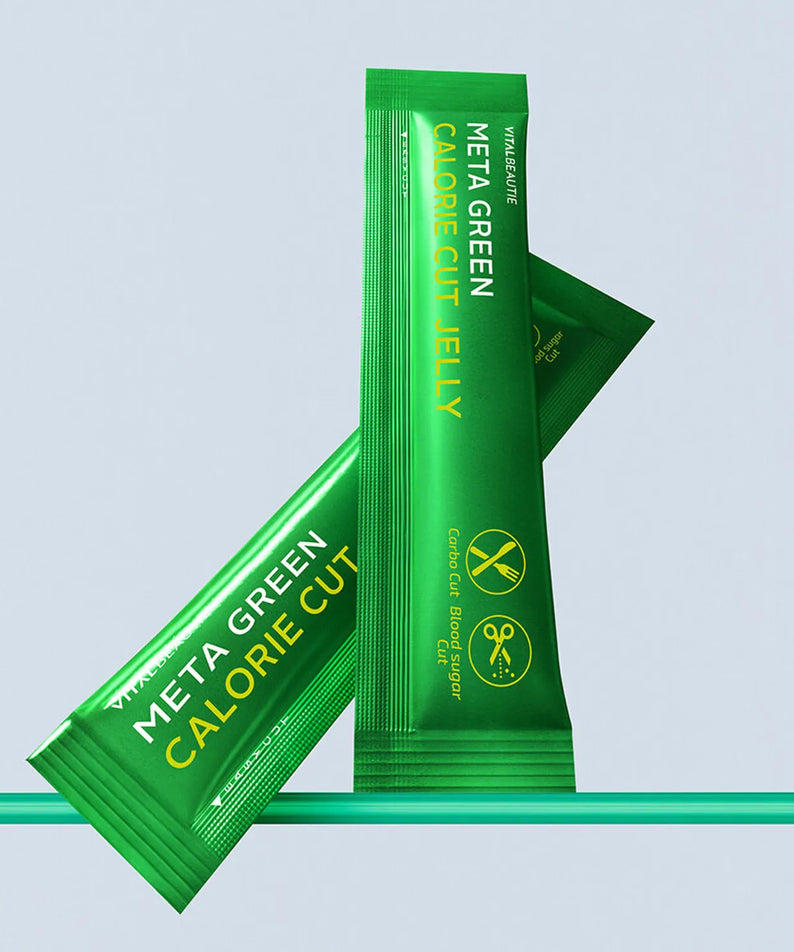 VITALBEAUTIE Meta Green Calorie Cut Jelly 10 Packets, sachets verts sur fond clair, marque visible, format photo produit.