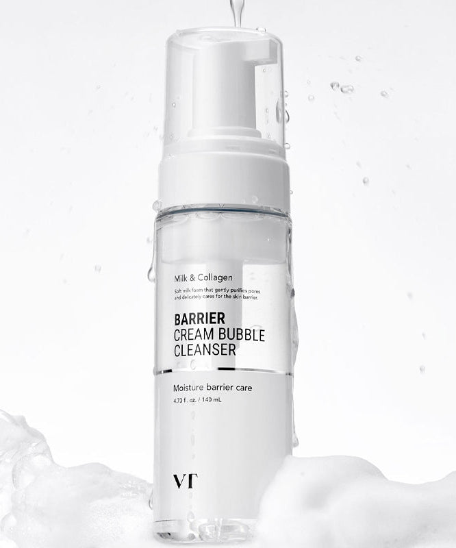 VT COSMETIC Barrier Cream Bubble Cleanser 140ml, flacon sur fond blanc avec bulles d’eau, visuel produit en gros plan.